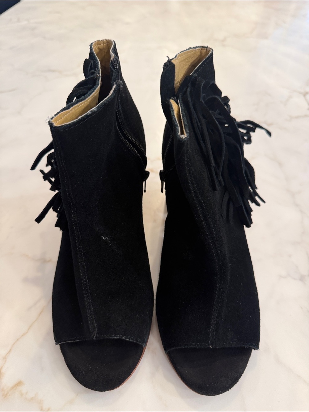 Kensie Black Suede Peep-Toe Fringe Ankle Booties